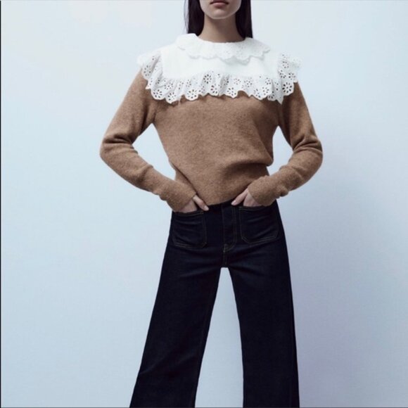 Zara Combination Wool Blend Sweater Brown Collared Lace Small - Picture 2 of 8